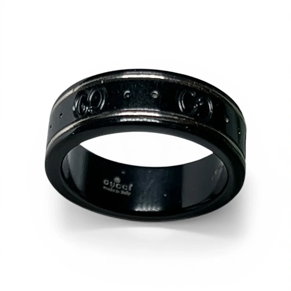Gucci Icon 18K White Gold and Black Enamel Double G Logo Band